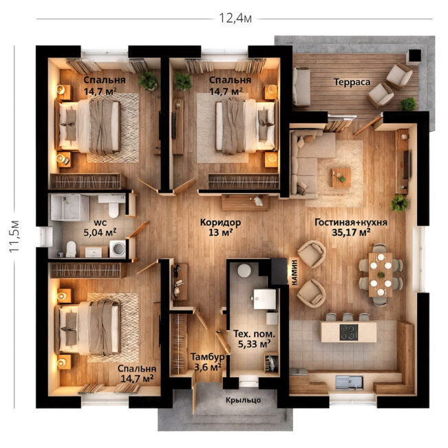 Планировка одноэтажного недорогого дома 106 кв м