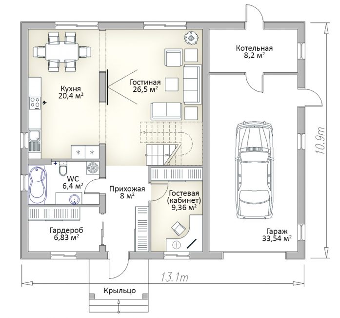 План первого этажа двухэтажного дома с гаражом