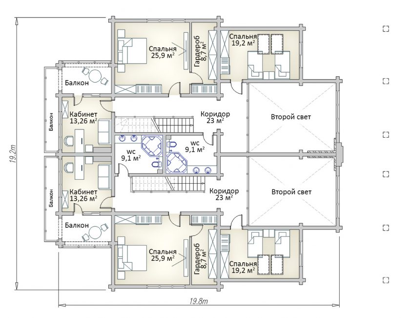 План второго этажа двухквартирного деревянного дома из клеенного бруса