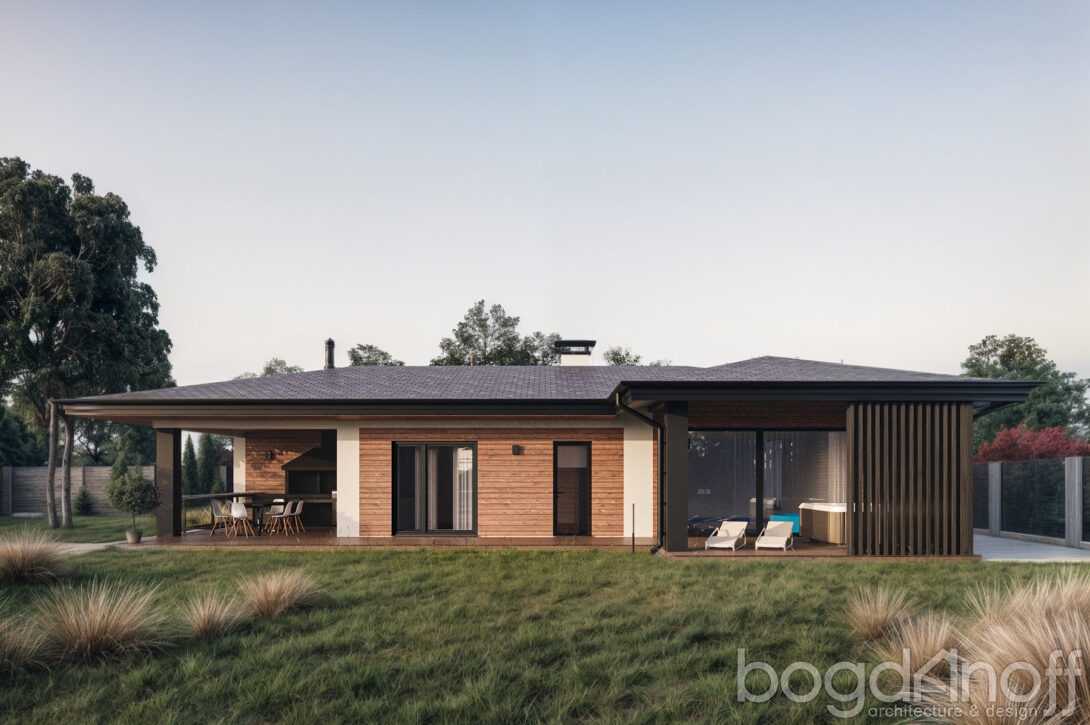 Проект современной деревянной бани площадью 99 квадратных метров с просторной террасой