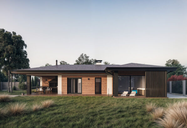 Проект современной деревянной бани площадью 99 квадратных метров с просторной террасой