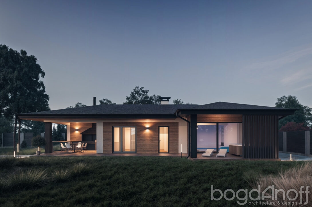 Интерьер парной в русской бане с полками из натурального дерева и каменной печью