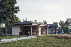 Комната отдыха в бане с деревянным столом, мягкими диванами и электрическим камином