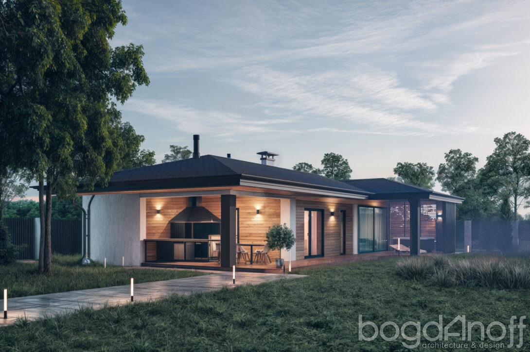 Открытая терраса бани с деревянной мебелью, зоной барбекю и круглой купелью-джакузи