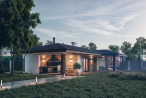 Открытая терраса бани с деревянной мебелью, зоной барбекю и круглой купелью-джакузи