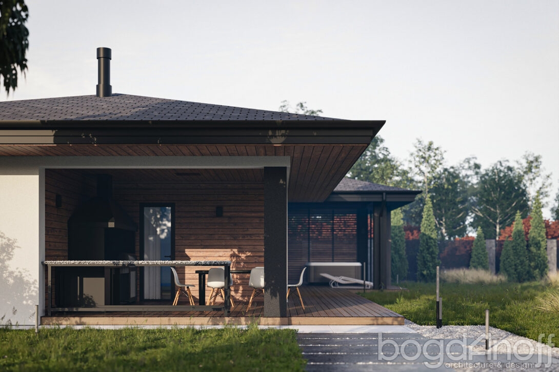 Душевая зона в бане с прямоугольным бассейном и деревянной купелью для охлаждения