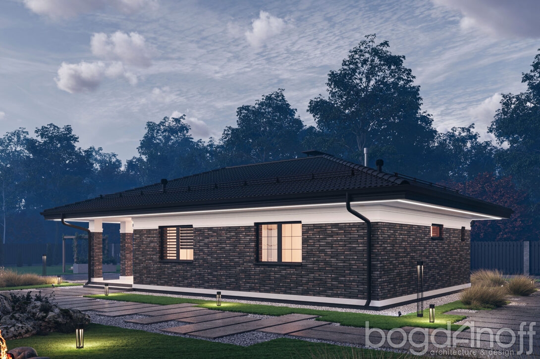 Общий вид территории с одноэтажным гостевым домом и зоной для отдыха на природе