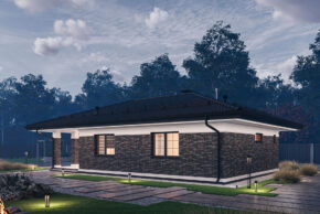 Общий вид территории с одноэтажным гостевым домом и зоной для отдыха на природе