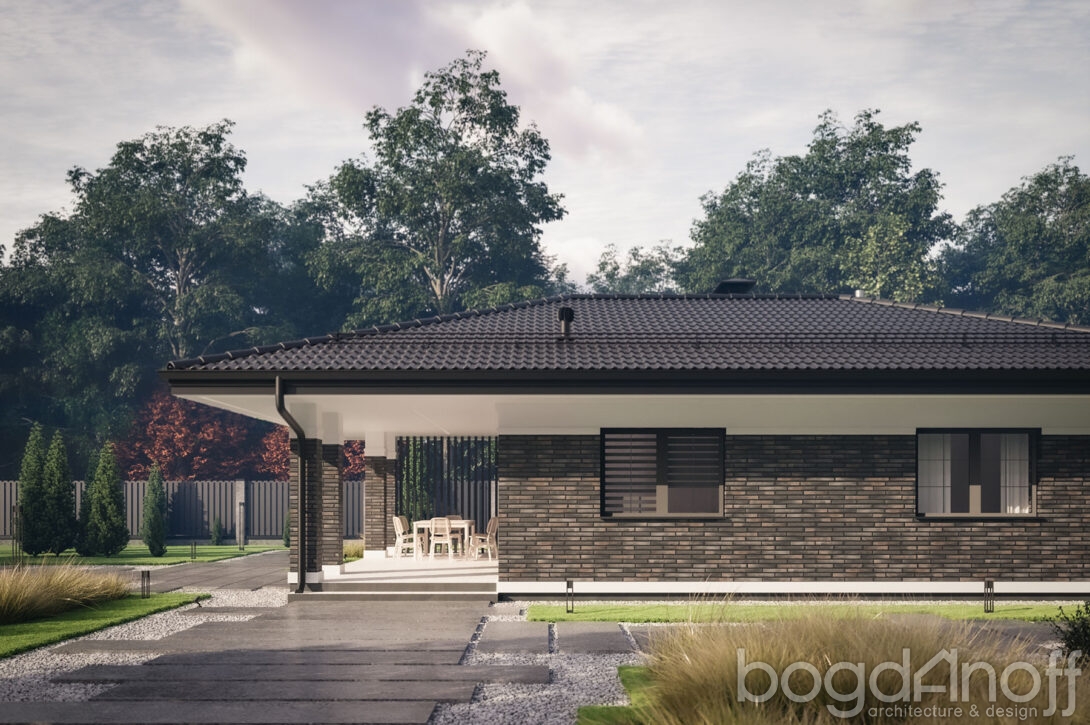 Вид на террасу с уличной мебелью для отдыха на свежем воздухе