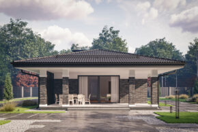 Интерьер комнаты отдыха в гостевом доме с выходом на террасу в сад