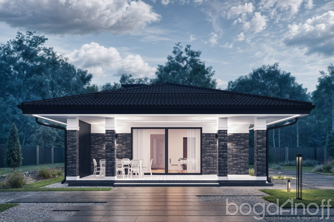 Уютный одноэтажный гостевой дом с четырехскатной крышей и деревянной террасой