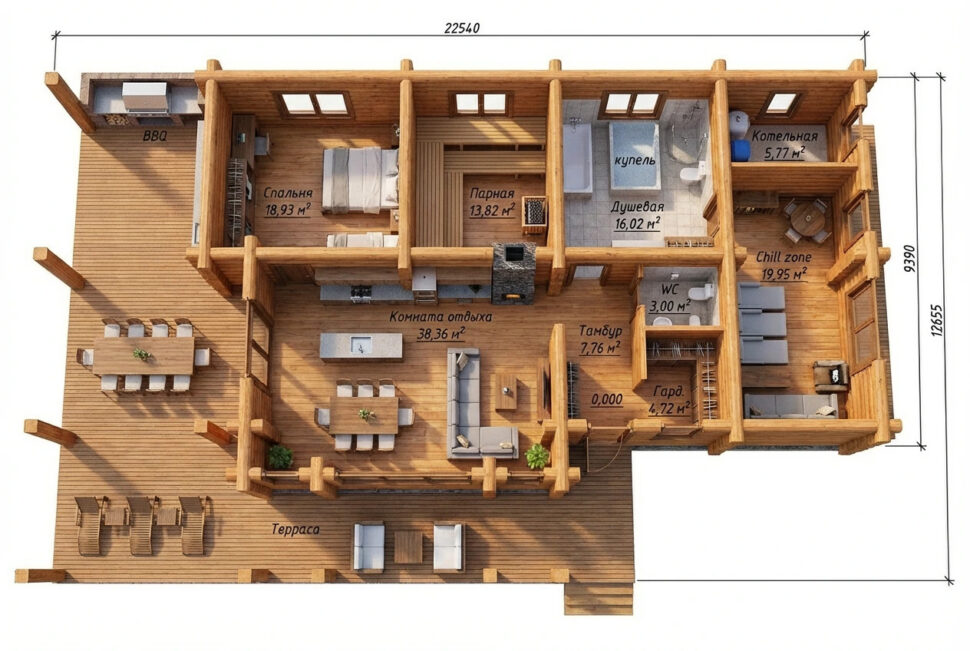план с мебелью деревянный дом