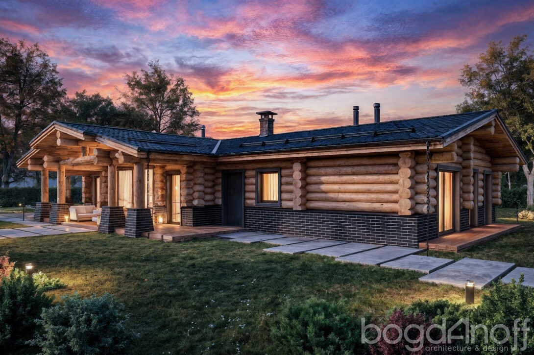 ночной вид дома из бревна кругляка