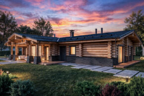 ночной вид дома из бревна кругляка